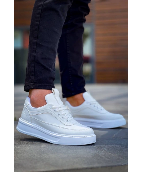 KB-006 Kuback Beyaz Cilt  Yüksek Taban Bağcıklı Günlük Erkek Ayakkabı