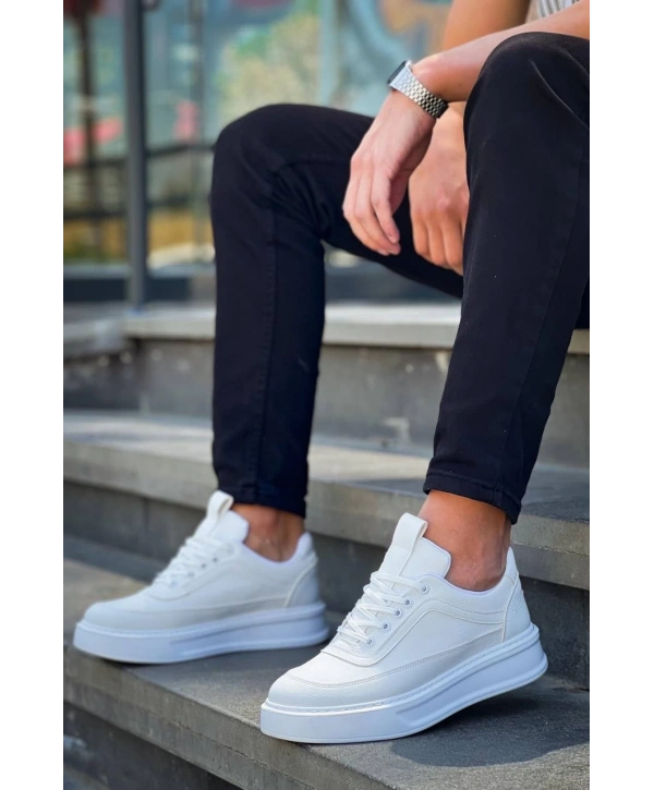 KB-006 Kuback Beyaz Cilt  Yüksek Taban Bağcıklı Günlük Erkek Ayakkabı