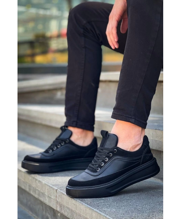 KB-006 Kuback Siyah Cilt Siyah Yüksek Taban Bağcıklı Günlük Erkek Ayakkabı