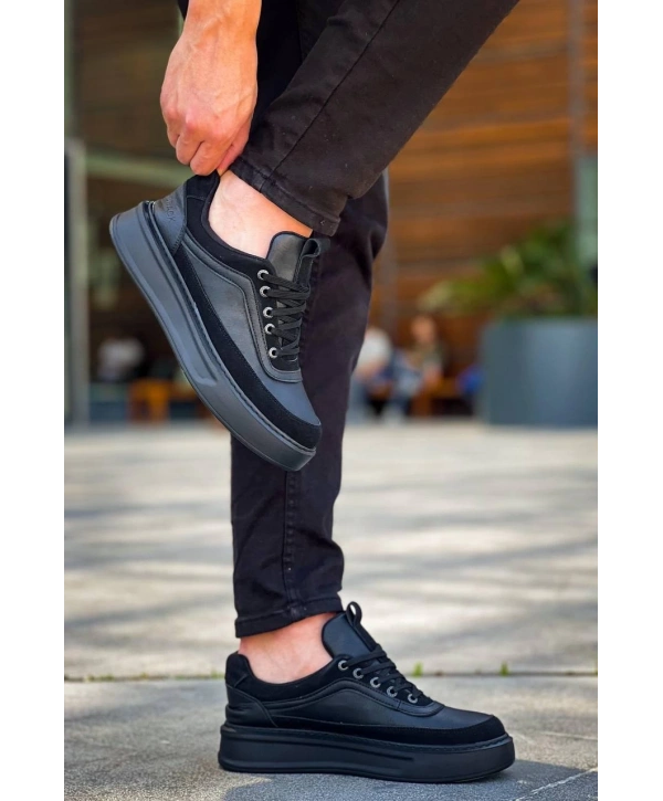 KB-006 Kuback Siyah Cilt Siyah Yüksek Taban Bağcıklı Günlük Erkek Ayakkabı