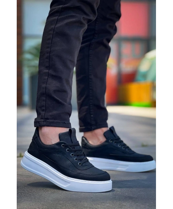 KB-006 Kuback Siyah Cilt Yüksek Taban Bağcıklı Günlük Erkek Ayakkabı