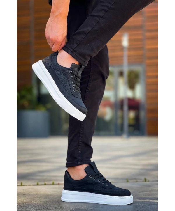 KB-006 Kuback Siyah Cilt Yüksek Taban Bağcıklı Günlük Erkek Ayakkabı