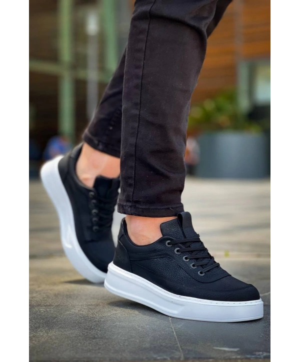 KB-006 Kuback Siyah Cilt Yüksek Taban Bağcıklı Günlük Erkek Ayakkabı
