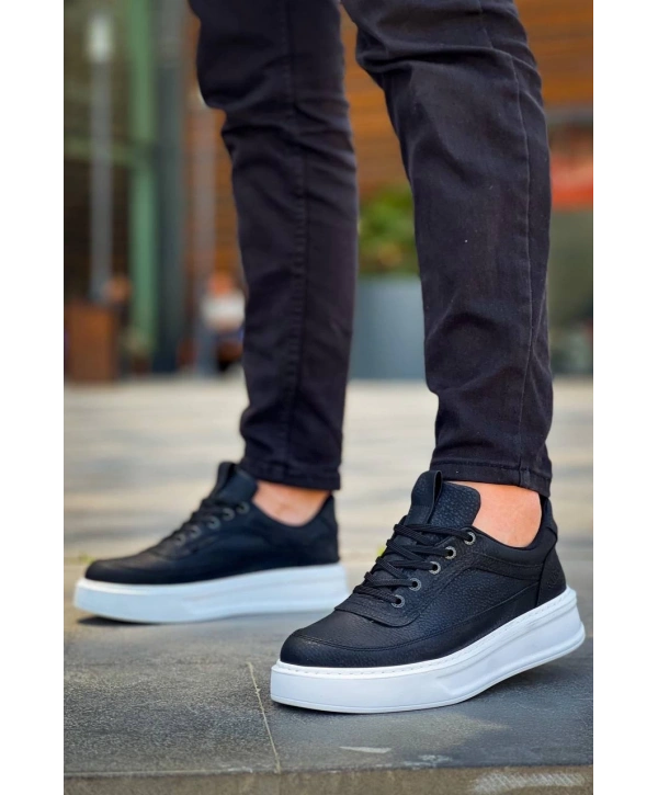 KB-006 Kuback Siyah Cilt Yüksek Taban Bağcıklı Günlük Erkek Ayakkabı