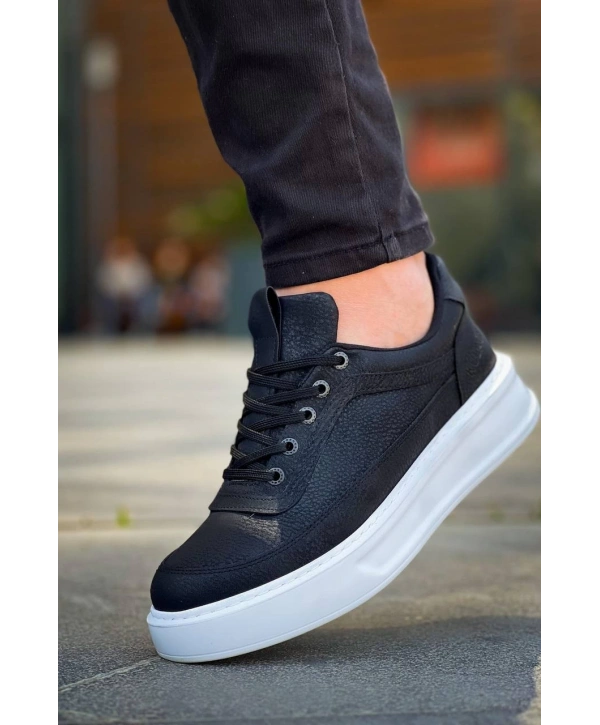 KB-006 Kuback Siyah Cilt Yüksek Taban Bağcıklı Günlük Erkek Ayakkabı