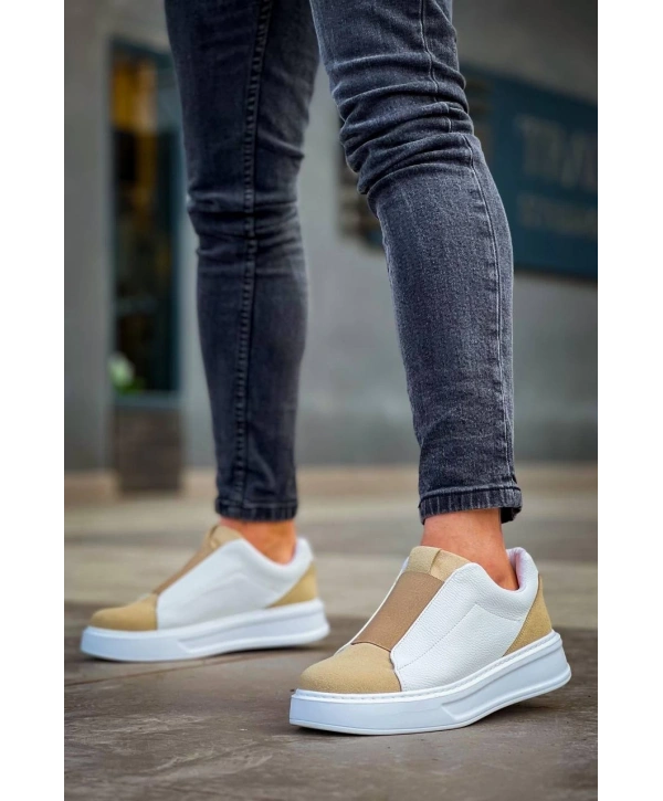 KB-007  Kuback  Beyaz Bej Yüksek Taban Tek Bant Bağcıksız Günlük Erkek Ayakkabı