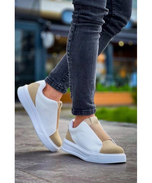 KB-007  Kuback  Beyaz Bej Yüksek Taban Tek Bant Bağcıksız Günlük Erkek Ayakkabı