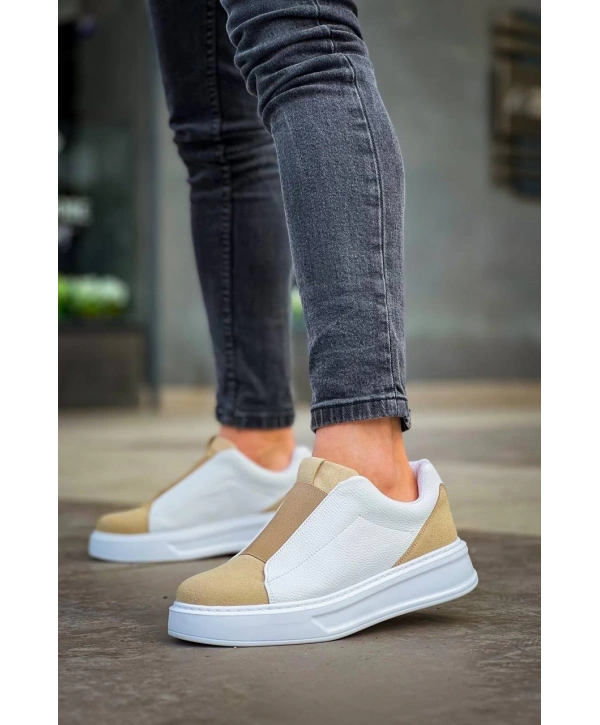 KB-007  Kuback  Beyaz Bej Yüksek Taban Tek Bant Bağcıksız Günlük Erkek Ayakkabı