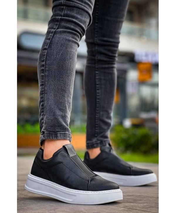 KB-007  Kuback Siyah Beyaz Yüksek Taban Tek Bant Bağcıksız Günlük Erkek Ayakkabı