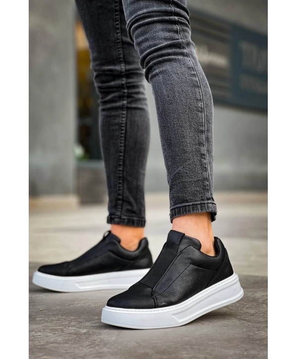 KB-007  Kuback Siyah Beyaz Yüksek Taban Tek Bant Bağcıksız Günlük Erkek Ayakkabı