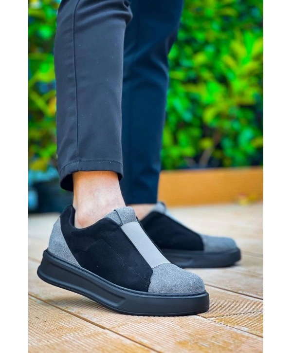 KB-007  Kuback Siyah Gri Siyah Yüksek Taban Tek Bant Bağcıksız Günlük Erkek