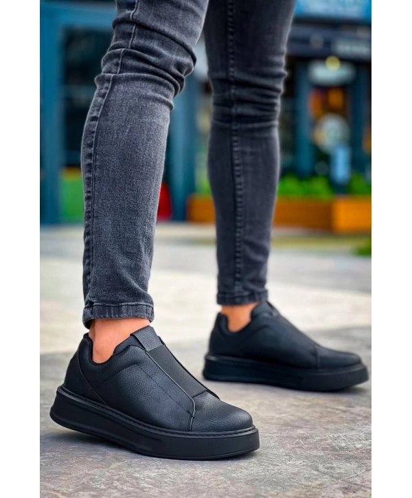 KB-007  Kuback Siyah Siyah Yüksek Taban Tek Bant Bağcıksız Günlük Erkek Ayakkabı