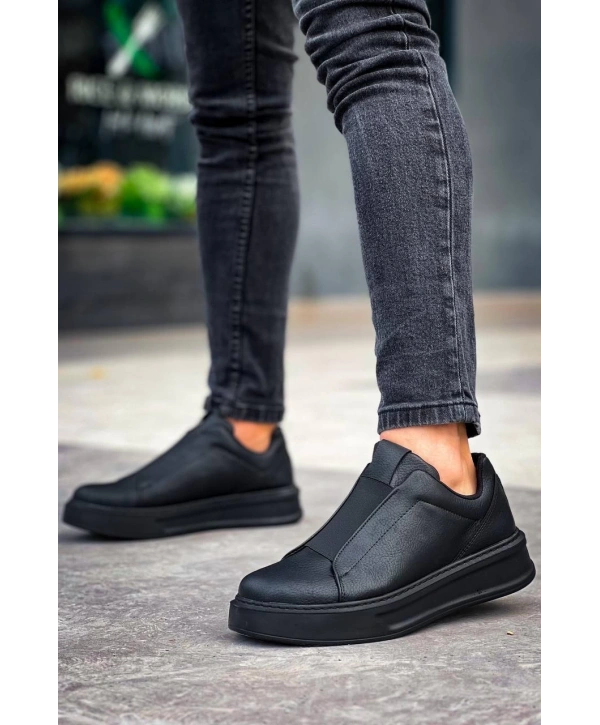 KB-007  Kuback Siyah Siyah Yüksek Taban Tek Bant Bağcıksız Günlük Erkek Ayakkabı