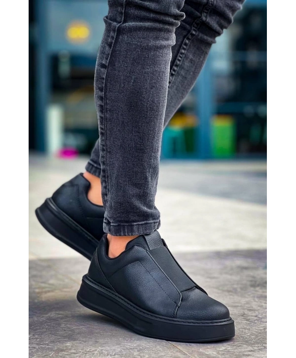 KB-007  Kuback Siyah Siyah Yüksek Taban Tek Bant Bağcıksız Günlük Erkek Ayakkabı