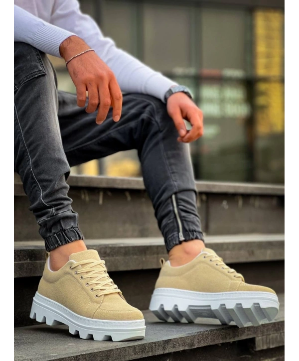 KB-056 Kuback Bej Süet Beyaz Yüksek Taban Günlük Spor Ayakkabı