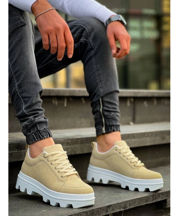 KB-056 Kuback Bej Süet Beyaz Yüksek Taban Günlük Spor Ayakkabı