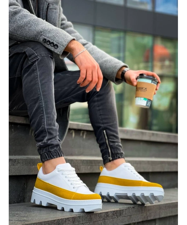 KB-056 Kuback Beyaz Sarı Detaylı Beyaz Yüksek Taban Günlük Spor Ayakkabı