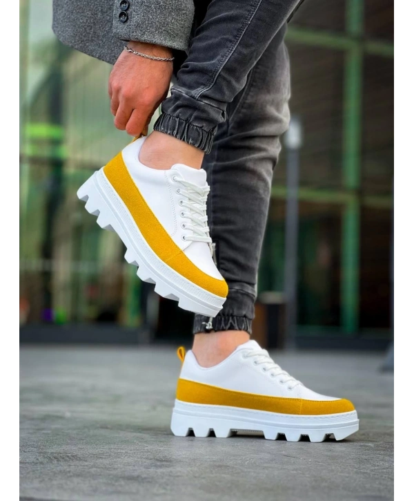 KB-056 Kuback Beyaz Sarı Detaylı Beyaz Yüksek Taban Günlük Spor Ayakkabı