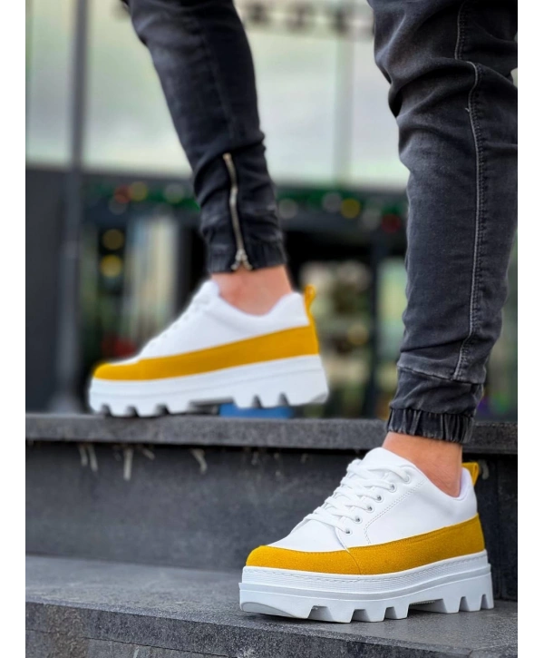 KB-056 Kuback Beyaz Sarı Detaylı Beyaz Yüksek Taban Günlük Spor Ayakkabı