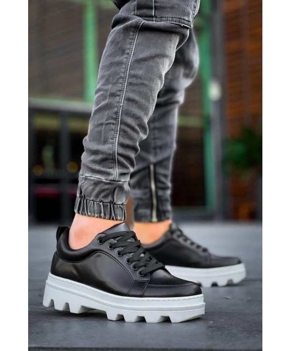 KB-056 Kuback Siyah Cilt Beyaz Yüksek Taban Günlük Spor Ayakkabı