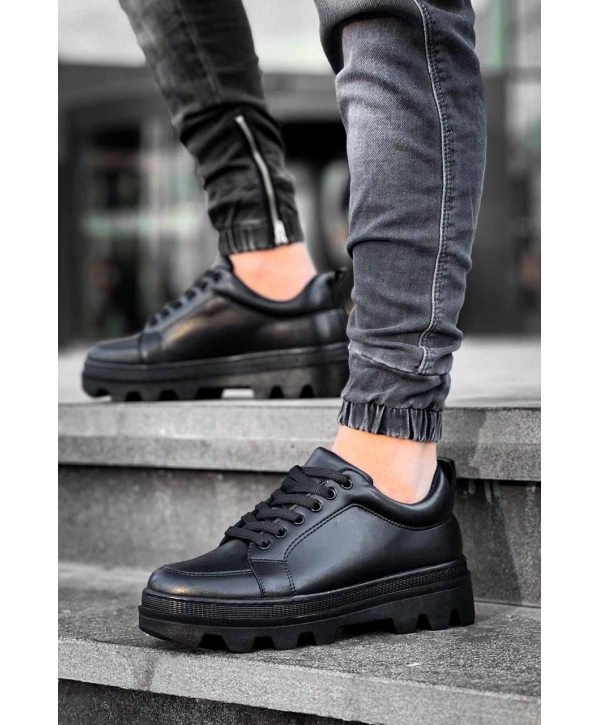 KB-056 Kuback Siyah Cilt Siyah Yüksek Taban Günlük Spor Ayakkabı