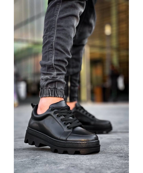 KB-056 Kuback Siyah Cilt Siyah Yüksek Taban Günlük Spor Ayakkabı