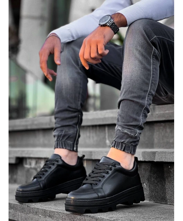 KB-056 Kuback Siyah Cilt Siyah Yüksek Taban Günlük Spor Ayakkabı
