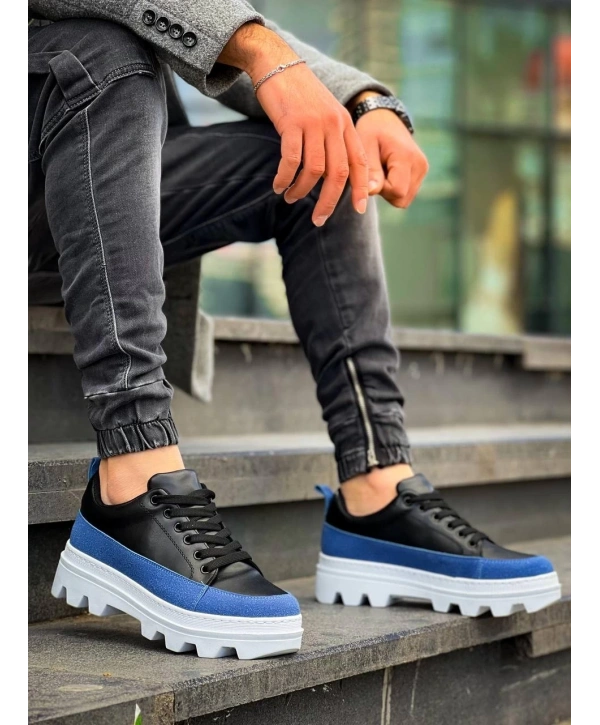 KB-056 Kuback Siyah Mavi Detaylı Beyaz Yüksek Taban Günlük Spor Ayakkabı