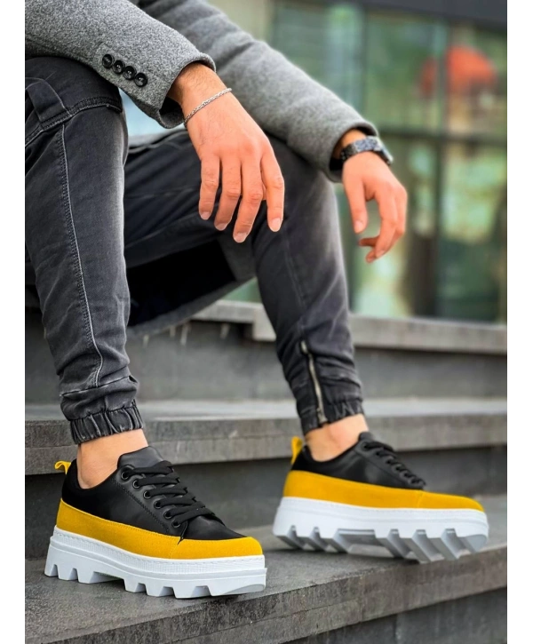 KB-056 Kuback Siyah Sarı Detaylı Beyaz Yüksek Taban Günlük Spor Ayakkabı
