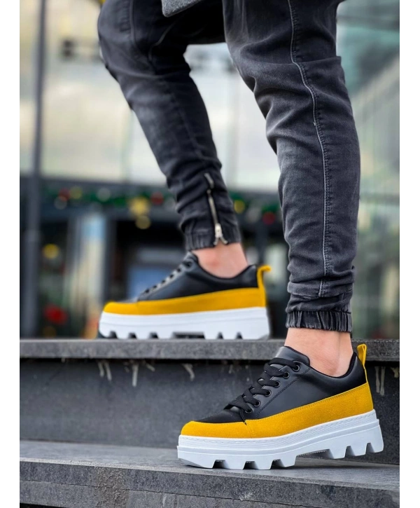 KB-056 Kuback Siyah Sarı Detaylı Beyaz Yüksek Taban Günlük Spor Ayakkabı