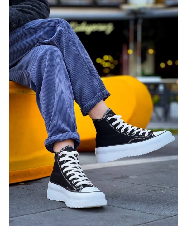 KB-CX-3 Kuback Uzun Siyah Keten Beyaz Yüksek Taban Spor Ayakkabı