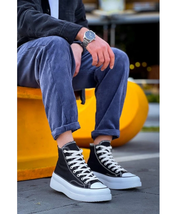 KB-CX-3 Kuback Uzun Siyah Keten Beyaz Yüksek Taban Spor Ayakkabı