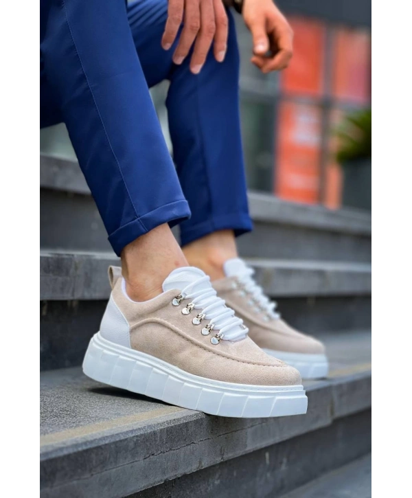 KB-X10 Kuback Bej Süet Beyaz Yüksek Taban Günlük Spor Ayakkabı