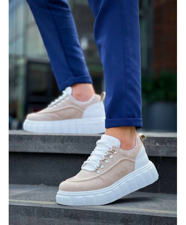 KB-X10 Kuback Bej Süet Beyaz Yüksek Taban Günlük Spor Ayakkabı