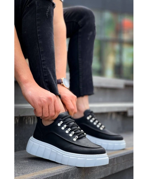 KB-X10 Kuback Siyah Cilt  Beyaz Yüksek Taban Günlük Spor Ayakkabı