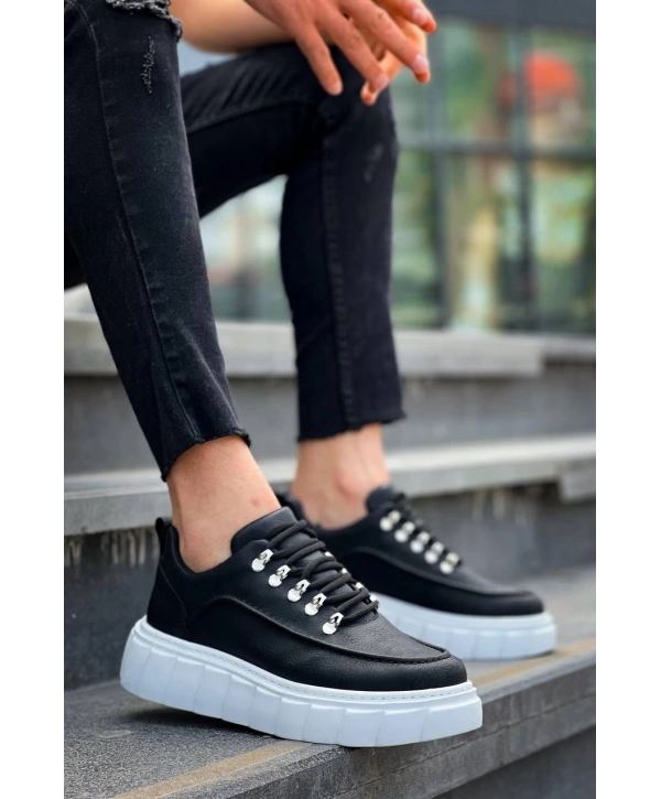 KB-X10 Kuback Siyah Cilt  Beyaz Yüksek Taban Günlük Spor Ayakkabı