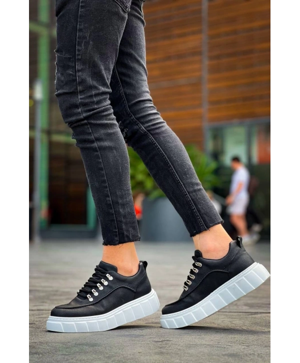 KB-X10 Kuback Siyah Cilt  Beyaz Yüksek Taban Günlük Spor Ayakkabı