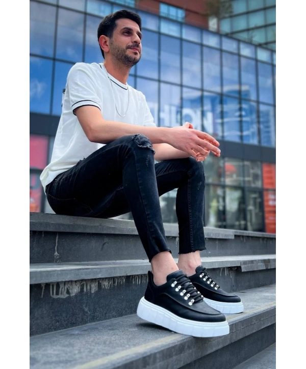 KB-X10 Kuback Siyah Cilt  Beyaz Yüksek Taban Günlük Spor Ayakkabı