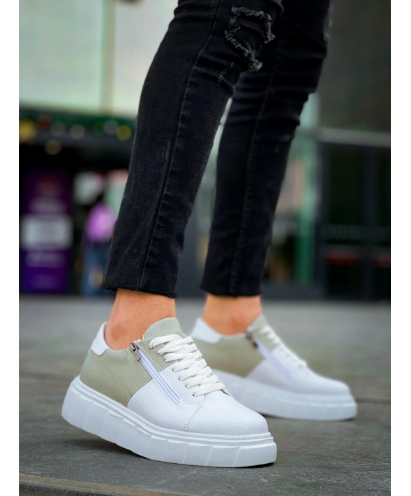 KB-X155 Kuback Beyaz Cilt Gri Süet Detaylı Beyaz Yüksek Taban Günlük Spor Ayakkabı