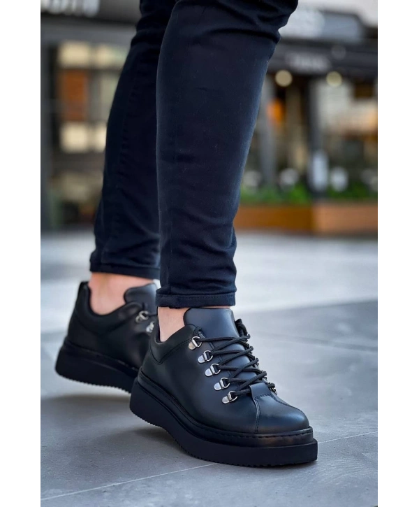 KB-X4  Kuback Siyah Cilt Siyah Yüksek Taban Bağcıklı Günlük Erkek Ayakkabı