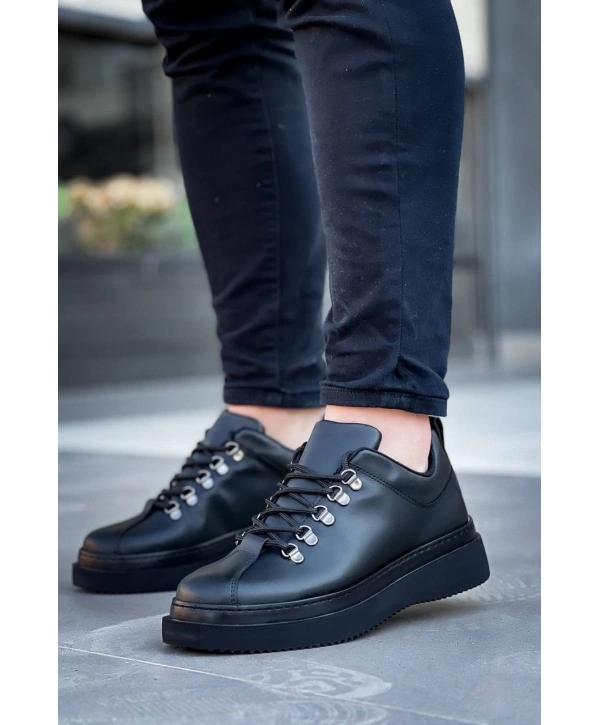 KB-X4  Kuback Siyah Cilt Siyah Yüksek Taban Bağcıklı Günlük Erkek Ayakkabı