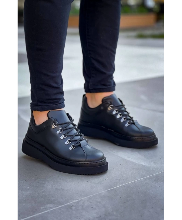 KB-X4  Kuback Siyah Cilt Siyah Yüksek Taban Bağcıklı Günlük Erkek Ayakkabı