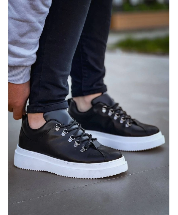 KB-X4  Kuback Siyah Cilt Yüksek Taban Bağcıklı Günlük Erkek Ayakkabı