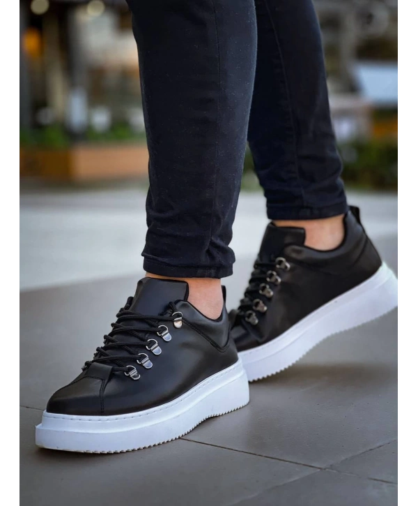 KB-X4  Kuback Siyah Cilt Yüksek Taban Bağcıklı Günlük Erkek Ayakkabı