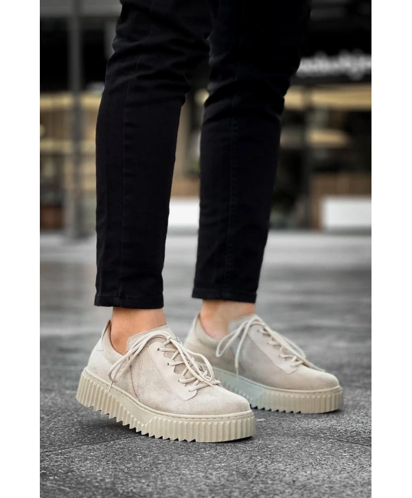 KB-X502  Kuback Bej Süet Yüksek Bej Taban Bağcık Detaylı Lastikli Günlük Erkek Ayakkabı