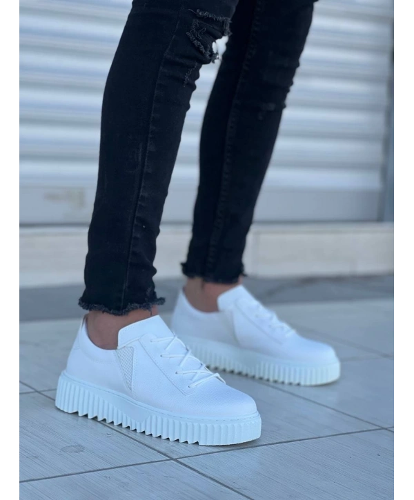 KB-X502  Kuback Beyaz Cilt Yüksek Beyaz Taban Bağcık Detaylı Lastikli Günlük Erkek Ayakkabı