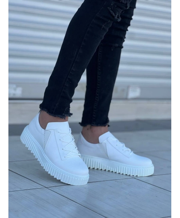 KB-X502  Kuback Beyaz Cilt Yüksek Beyaz Taban Bağcık Detaylı Lastikli Günlük Erkek Ayakkabı