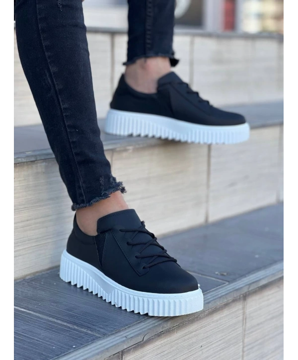 KB-X502  Kuback Siyah Cilt Yüksek Beyaz Taban Bağcık Detaylı Lastikli Günlük Erkek Ayakkabı