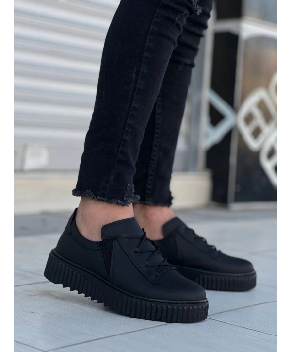 KB-X502  Kuback Siyah Cilt Yüksek Siyah Taban Bağcık Detaylı Lastikli Günlük Erkek Ayakkabı