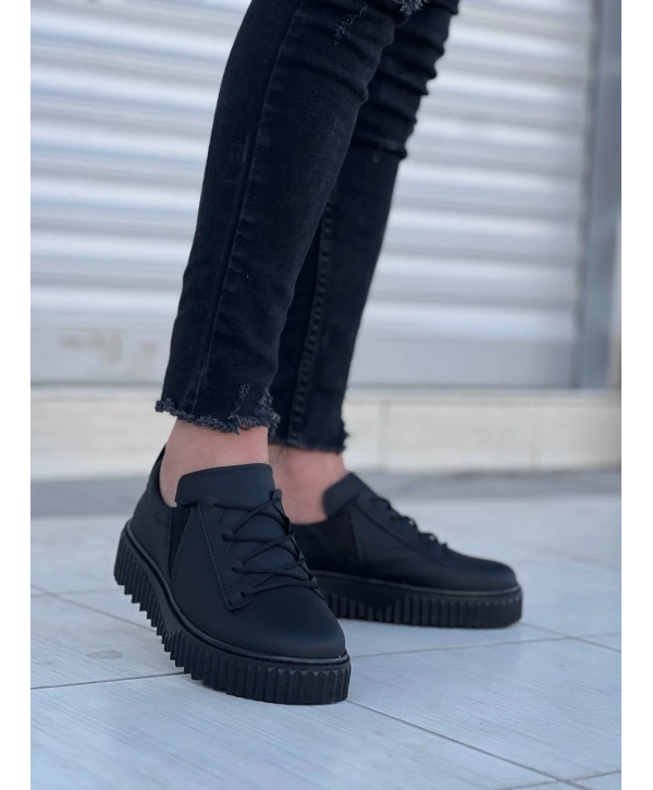 KB-X502  Kuback Siyah Cilt Yüksek Siyah Taban Bağcık Detaylı Lastikli Günlük Erkek Ayakkabı